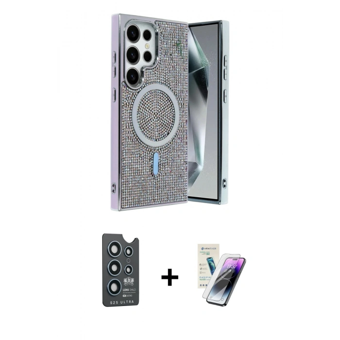 MARSİLYAN™- Galaxy S25 Ultra Kılıf Eksen Çizgi - Şeffaf Pasifik Cam Ekran Koruyucu + Bilvis Titan Kamera Lens - LT