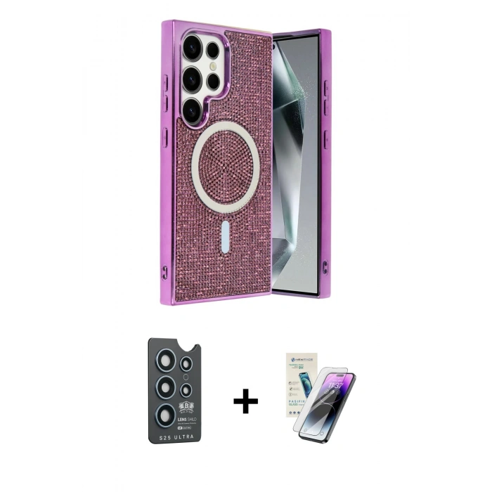 MARSİLYAN™- Galaxy S25 Ultra Kılıf Eksen Çizgi - Şeffaf Pasifik Cam Ekran Koruyucu + Bilvis Titan Kamera Lens - LT