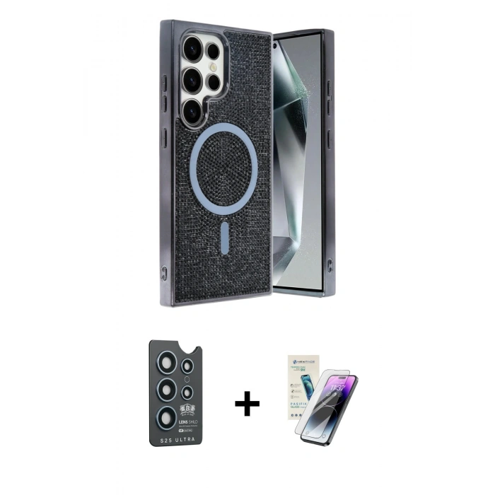 MARSİLYAN™- Galaxy S25 Ultra Kılıf Eksen Çizgi - Şeffaf Pasifik Cam Ekran Koruyucu + Bilvis Titan Kamera Lens - LT