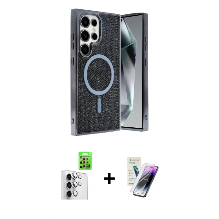 MARSİLYAN™- Galaxy S25 Ultra Kılıf Eksen Çizgi - Şeffaf Pasifik Cam Ekran Koruyucu + Raze Metal Kamera Lens - GS