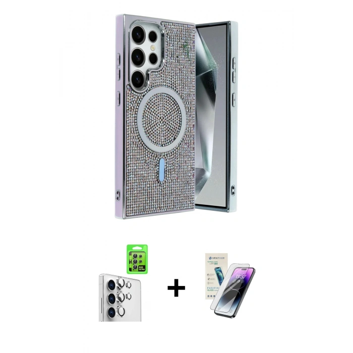MARSİLYAN™- Galaxy S25 Ultra Kılıf Eksen Çizgi - Şeffaf Pasifik Cam Ekran Koruyucu + Raze Metal Kamera Lens - GS