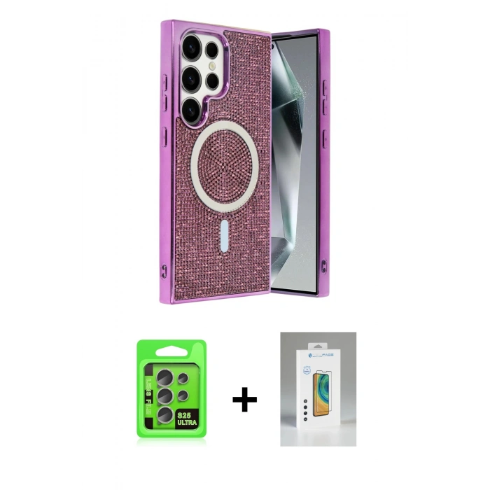 MARSİLYAN™- Galaxy S25 Ultra Kılıf Eksen Çizgi - Şeffaf Polymer Nano Ekran Koruyucu + Natural Grey Raze Metal Kamera Lens