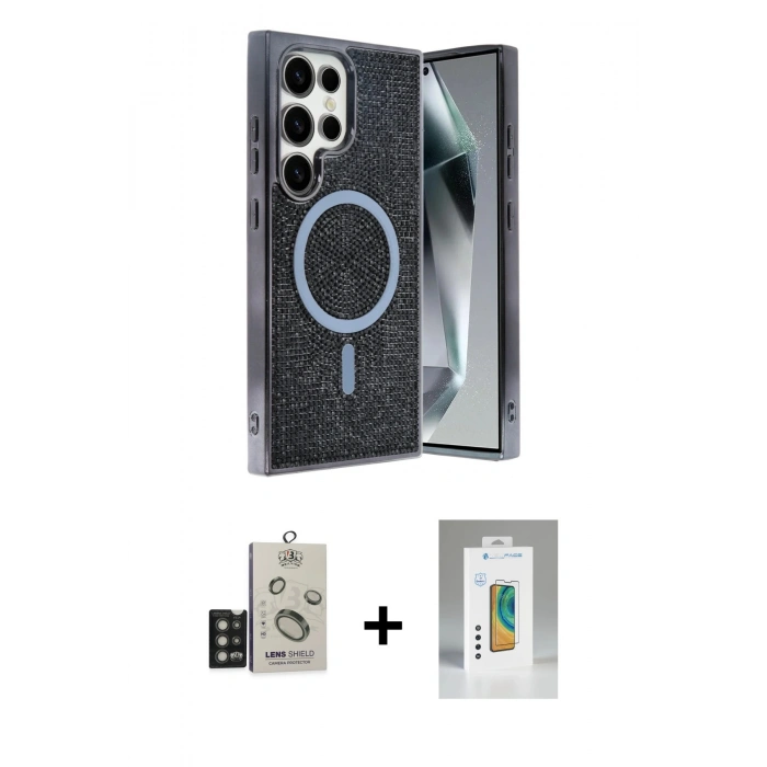 MARSİLYAN™- Galaxy S25 Ultra Kılıf Eksen Çizgi - Şeffaf Polymer Nano Ekran Koruyucu + Bilvis Titan Kamera Lens - TNGI