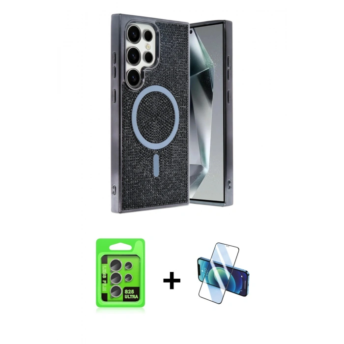 MARSİLYAN™- Galaxy S25 Ultra Kılıf Eksen Çizgi - Siyah 3D Antistatik Cam Ekran Koruyucu + Raze Metal Kamera Lens - NLGY