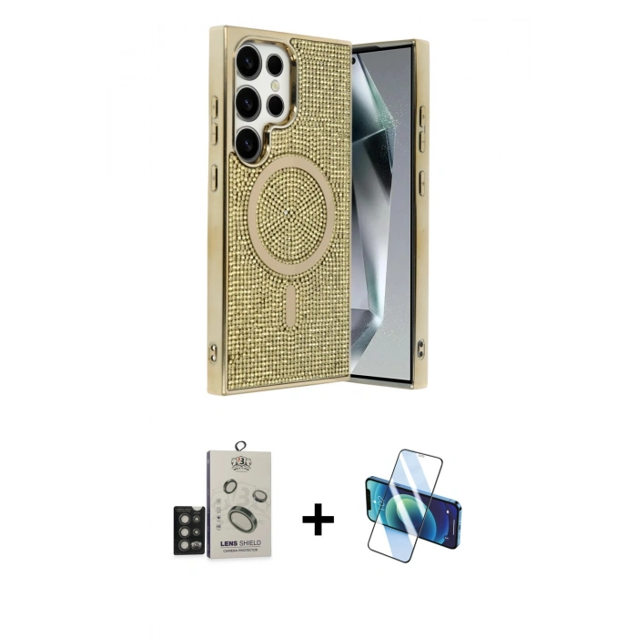 MARSİLYAN™- Galaxy S25 Ultra Kılıf Eksen Çizgi - Siyah 3D Antistatik Cam Ekran Koruyucu + Bilvis Titan Kamera Lens - TNGI