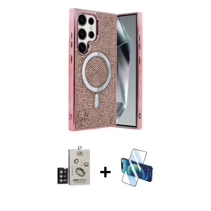 MARSİLYAN™- Galaxy S25 Ultra Kılıf Eksen Çizgi - Siyah 3D Antistatik Seramik Nano Ekran Koruyucu + Bilvis Titan Kamera Lens - TNGI
