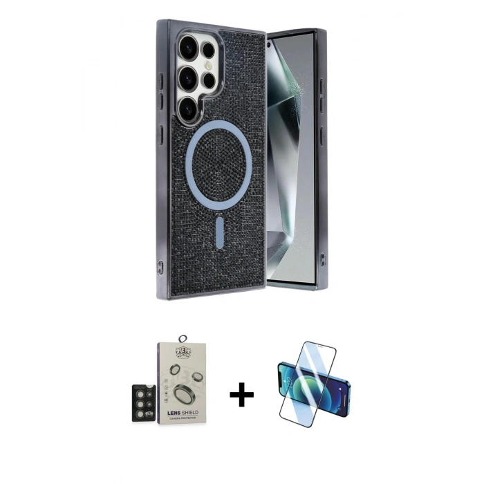 MARSİLYAN™- Galaxy S25 Ultra Kılıf Eksen Çizgi - Siyah 3D Antistatik Seramik Nano Ekran Koruyucu + Bilvis Titan Kamera Lens - TNGI