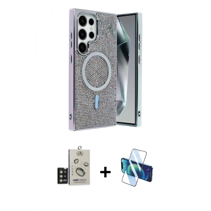 MARSİLYAN™- Galaxy S25 Ultra Kılıf Eksen Çizgi - Siyah 3D Antistatik Seramik Nano Ekran Koruyucu + Bilvis Titan Kamera Lens - TNGI