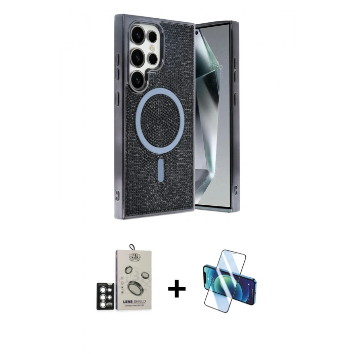 MARSİLYAN™- Galaxy S25 Ultra Kılıf Eksen Çizgi - Siyah 3D Antistatik Seramik Nano Ekran Koruyucu + Bilvis Titan Kamera Lens - GS