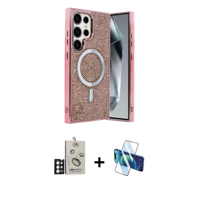 MARSİLYAN™- Galaxy S25 Ultra Kılıf Eksen Çizgi - Siyah 3D Antistatik Seramik Nano Ekran Koruyucu + Bilvis Titan Kamera Lens - GS