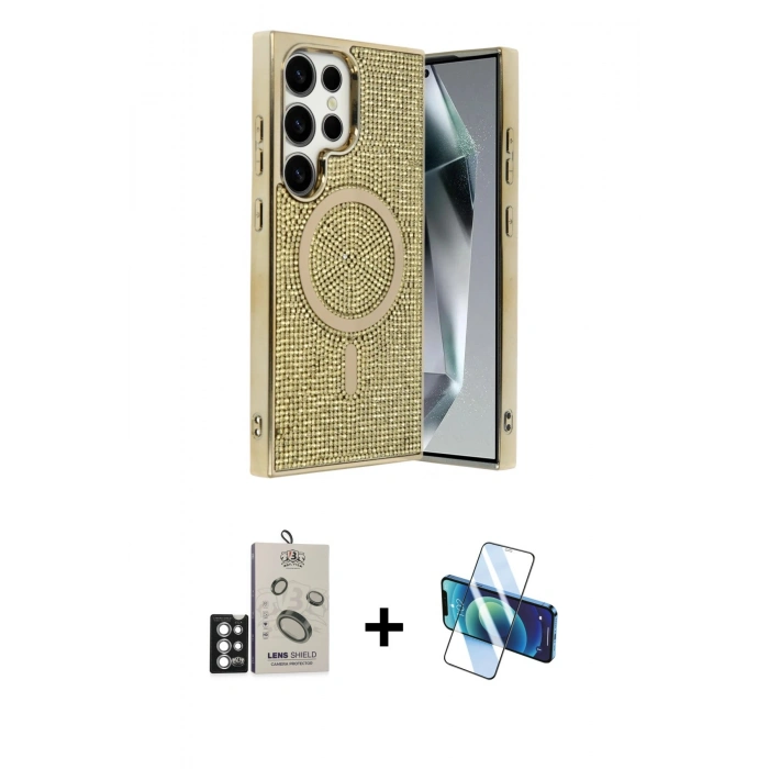 MARSİLYAN™- Galaxy S25 Ultra Kılıf Eksen Çizgi - Siyah 3D Antistatik Seramik Nano Ekran Koruyucu + Bilvis Titan Kamera Lens - GS
