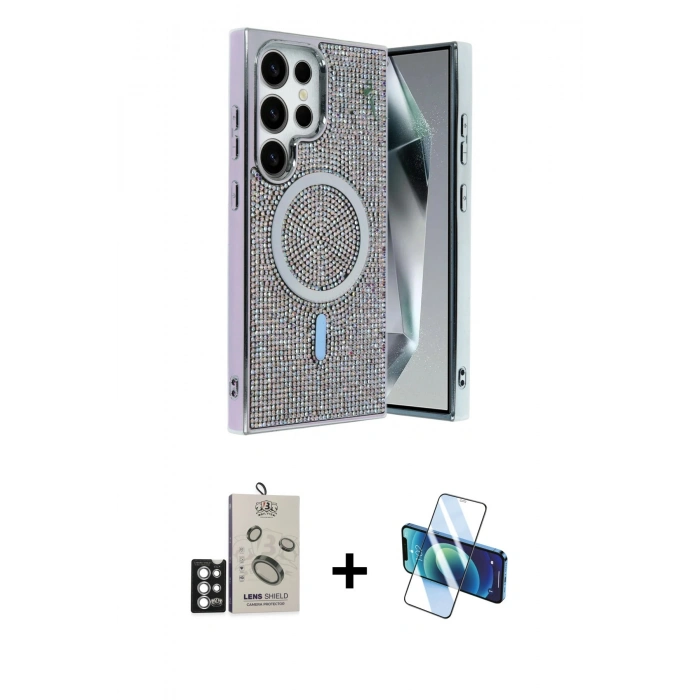 MARSİLYAN™- Galaxy S25 Ultra Kılıf Eksen Çizgi - Siyah 3D Antistatik Seramik Nano Ekran Koruyucu + Bilvis Titan Kamera Lens - GS