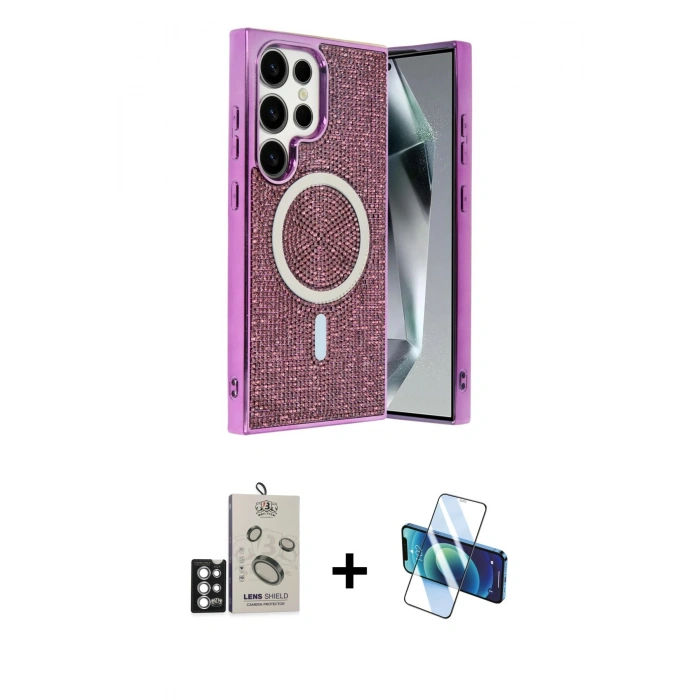 MARSİLYAN™- Galaxy S25 Ultra Kılıf Eksen Çizgi - Siyah 3D Antistatik Seramik Nano Ekran Koruyucu + Bilvis Titan Kamera Lens - GS
