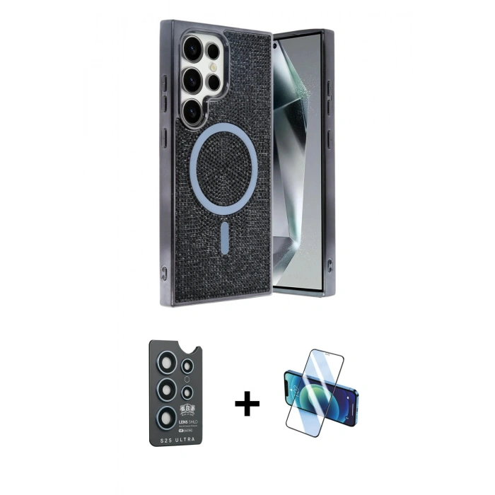 MARSİLYAN™- Galaxy S25 Ultra Kılıf Eksen Çizgi - Siyah 3D Antistatik Seramik Nano Ekran Koruyucu + Bilvis Titan Kamera Lens - LT