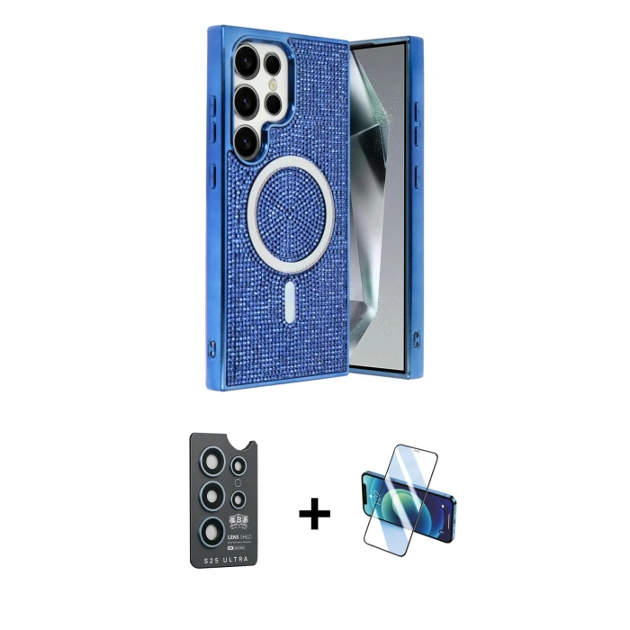 MARSİLYAN™- Galaxy S25 Ultra Kılıf Eksen Çizgi - Siyah 3D Antistatik Seramik Nano Ekran Koruyucu + Bilvis Titan Kamera Lens - LT