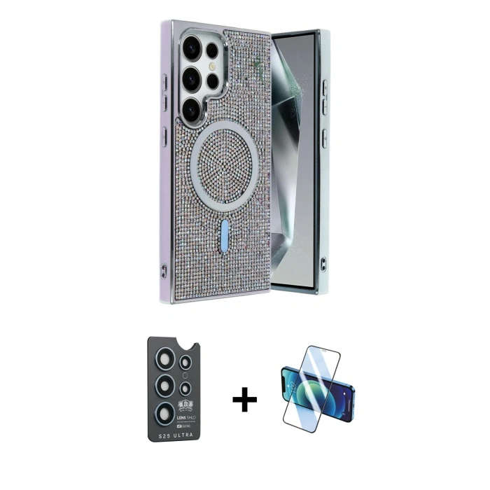 MARSİLYAN™- Galaxy S25 Ultra Kılıf Eksen Çizgi - Siyah 3D Antistatik Seramik Nano Ekran Koruyucu + Bilvis Titan Kamera Lens - LT