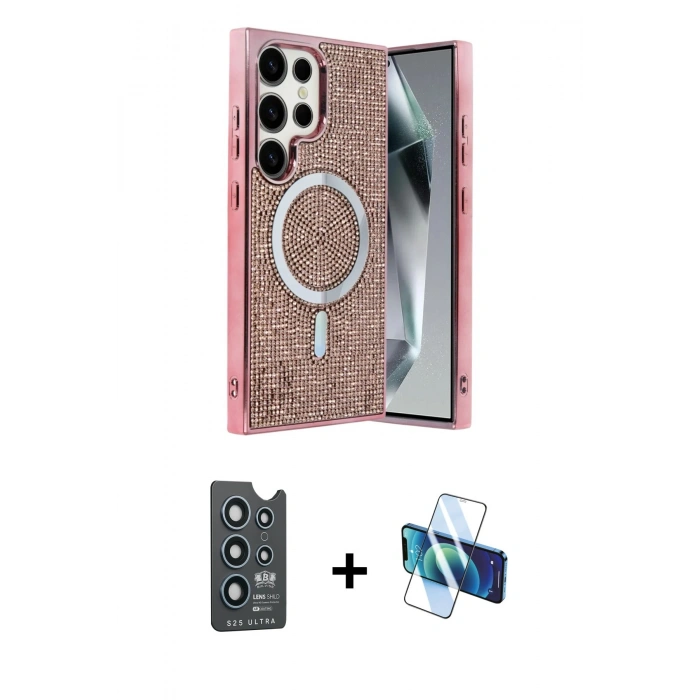 MARSİLYAN™- Galaxy S25 Ultra Kılıf Eksen Çizgi - Siyah 3D Antistatik Seramik Nano Ekran Koruyucu + Bilvis Titan Kamera Lens - LT
