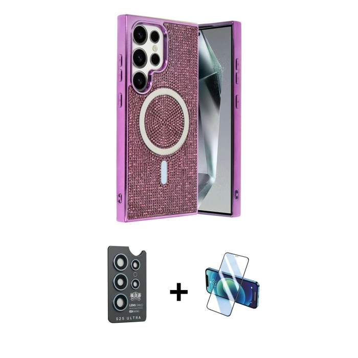 MARSİLYAN™- Galaxy S25 Ultra Kılıf Eksen Çizgi - Siyah 3D Antistatik Seramik Nano Ekran Koruyucu + Bilvis Titan Kamera Lens - LT