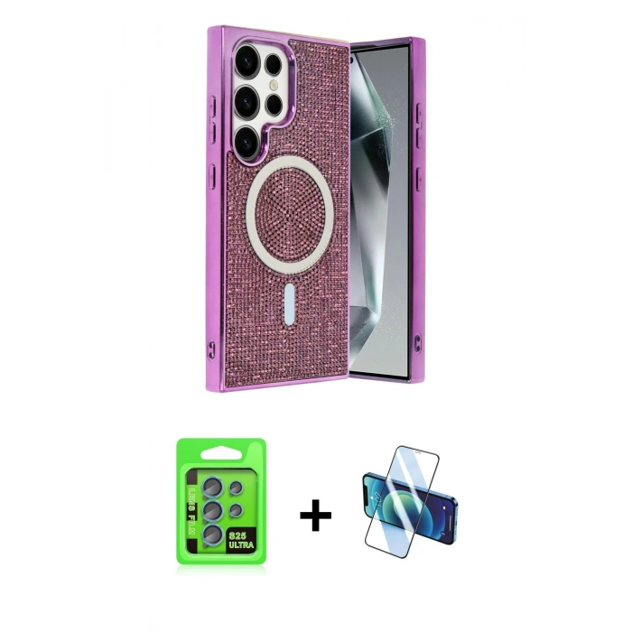 MARSİLYAN™- Galaxy S25 Ultra Kılıf Eksen Çizgi - Siyah 3D Antistatik Seramik Nano Ekran Koruyucu + Raze Metal Kamera Lens - MI