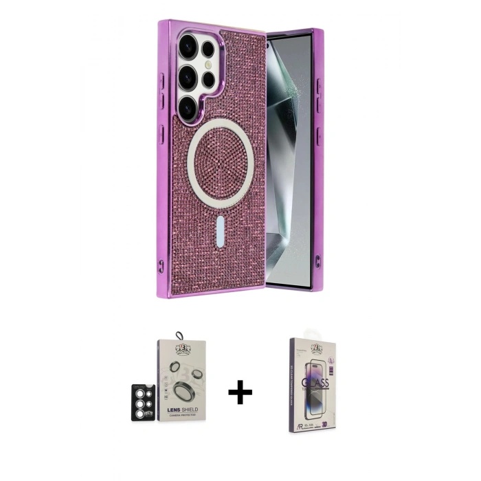 MARSİLYAN™- Galaxy S25 Ultra Kılıf Eksen Çizgi - Siyah Bilvis 3D Cam Ekran Koruyucu + Bilvis Titan Kamera Lens - GS