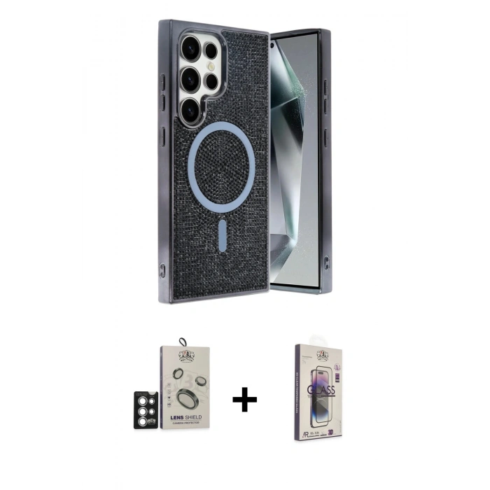 MARSİLYAN™- Galaxy S25 Ultra Kılıf Eksen Çizgi - Siyah Bilvis 3D Cam Ekran Koruyucu + Bilvis Titan Kamera Lens - GS