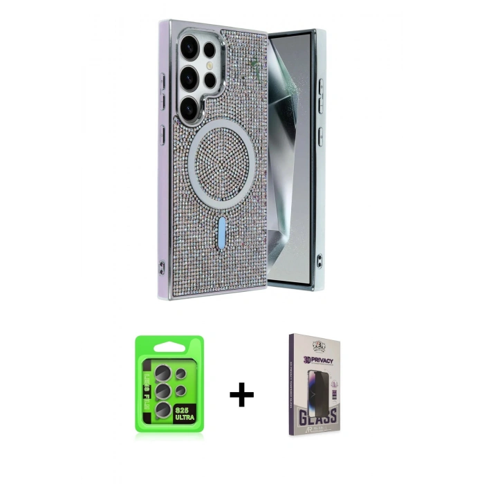 MARSİLYAN™- Galaxy S25 Ultra Kılıf Eksen Çizgi - Siyah Bilvis Hayalet Cam Ekran Koruyucu + Raze Metal Kamera Lens - NLGY