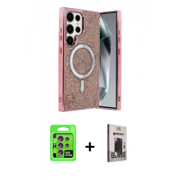 MARSİLYAN™- Galaxy S25 Ultra Kılıf Eksen Çizgi - Siyah Bilvis Hayalet Cam Ekran Koruyucu + Raze Metal Kamera Lens - NLGY