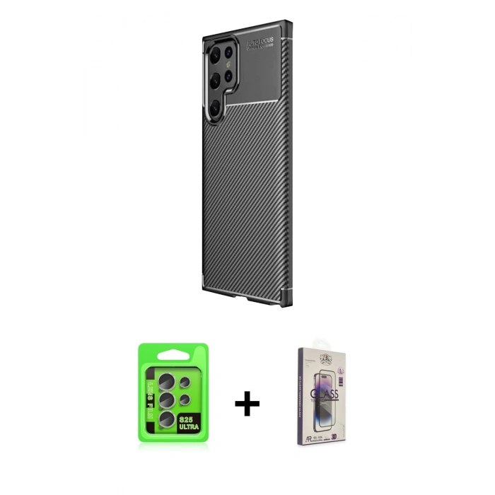 MARSİLYAN™- Galaxy S25 Ultra Kılıf Eksen Form Prime - Siyah Bilvis 3D Cam Ekran Koruyucu + Raze Metal Kamera Lens - NLGY