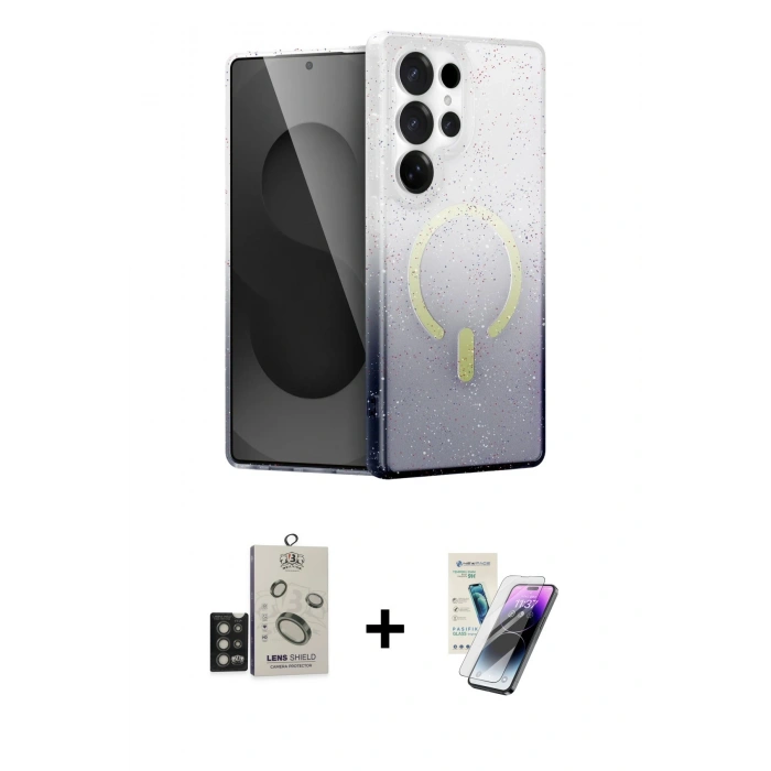 MARSİLYAN™- Galaxy S25 Ultra Kılıf Eksen Minimal Özel Seri - Şeffaf Pasifik Cam Ekran Koruyucu + Bilvis Titan Kamera Lens - TNGI