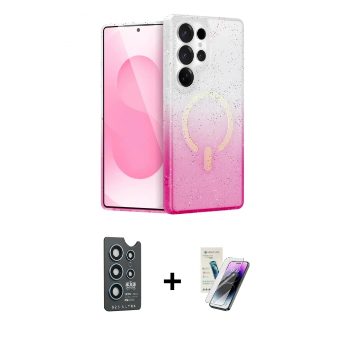 MARSİLYAN™- Galaxy S25 Ultra Kılıf Eksen Minimal Özel Seri - Şeffaf Pasifik Cam Ekran Koruyucu + Bilvis Titan Kamera Lens - LT