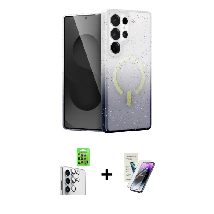 MARSİLYAN™- Galaxy S25 Ultra Kılıf Eksen Minimal Özel Seri - Şeffaf Pasifik Cam Ekran Koruyucu + Raze Metal Kamera Lens - GS