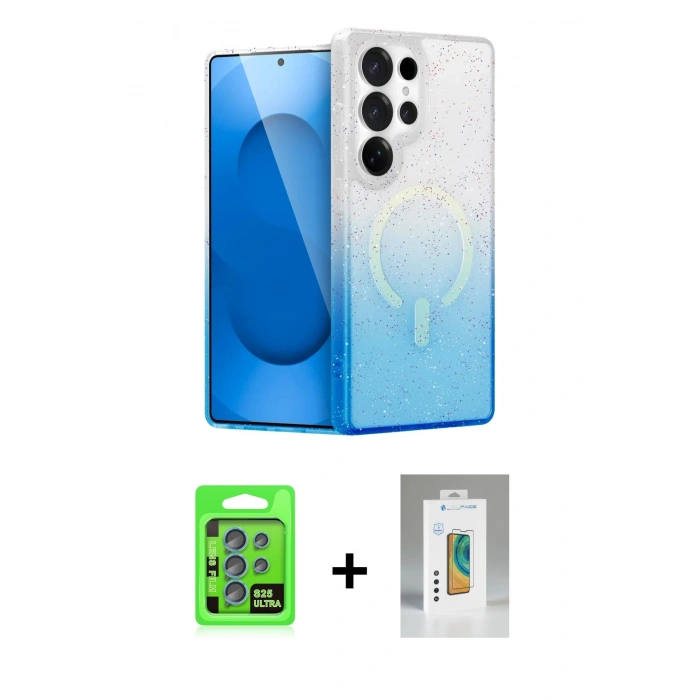 MARSİLYAN™- Galaxy S25 Ultra Kılıf Eksen Minimal Özel Seri - Şeffaf Polymer Nano Ekran Koruyucu + Mavi Raze Metal Kamera Lens