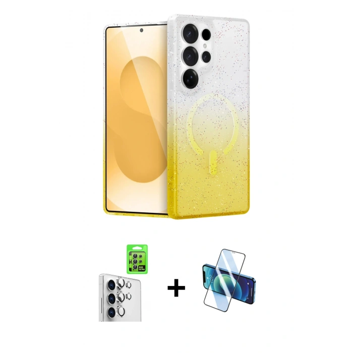 MARSİLYAN™- Galaxy S25 Ultra Kılıf Eksen Minimal Özel Seri - Siyah 3D Antistatik Cam Ekran Koruyucu + Raze Metal Kamera Lens - GS