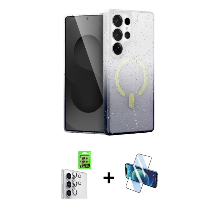 MARSİLYAN™- Galaxy S25 Ultra Kılıf Eksen Minimal Özel Seri - Siyah 3D Antistatik Cam Ekran Koruyucu + Raze Metal Kamera Lens - GS