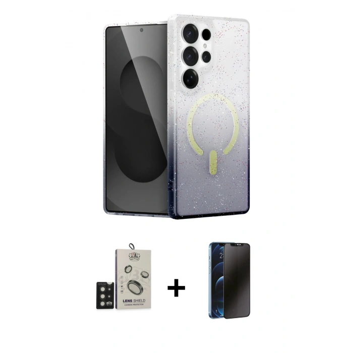 MARSİLYAN™- Galaxy S25 Ultra Kılıf Eksen Minimal Özel Seri - Siyah 3D Antistatik Hayalet Cam Ekran Koruyucu + Bilvis Titan Kamera Lens - SH