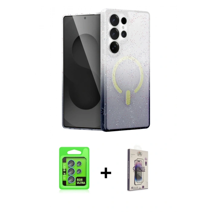 MARSİLYAN™- Galaxy S25 Ultra Kılıf Eksen Minimal Özel Seri - Siyah Bilvis 3D Cam Ekran Koruyucu + Raze Metal Kamera Lens - MI