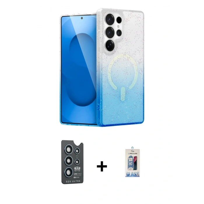 MARSİLYAN™- Galaxy S25 Ultra Kılıf Eksen Minimal Özel Seri - Siyah Joko Magic 5D Cam + Lacivert Bilvis Titan Kamera Lens