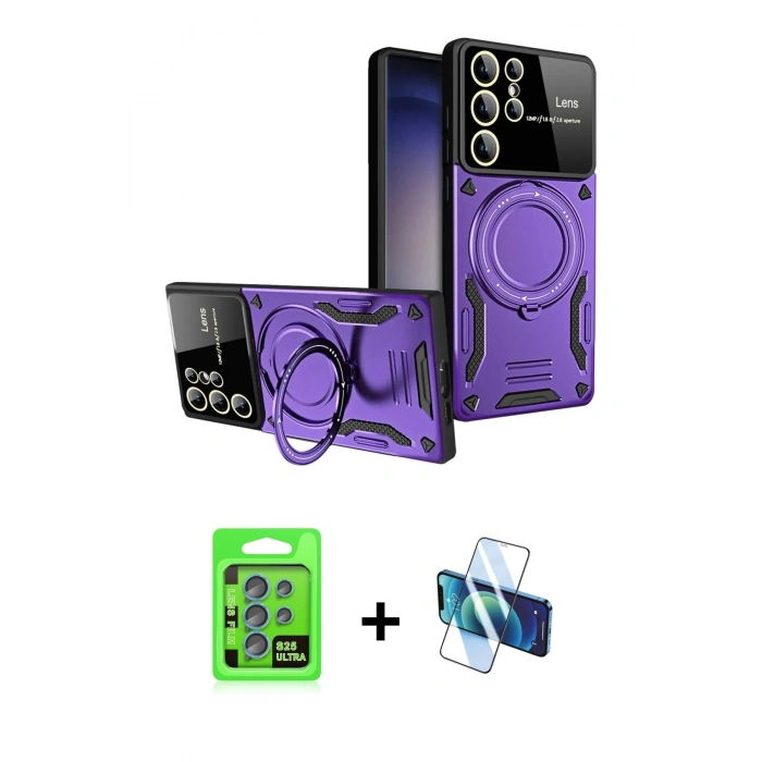 MARSİLYAN™- Galaxy S25 Ultra Kılıf Kıvılcım Modern Serisi - Siyah 3D Antistatik Cam Ekran Koruyucu + Raze Metal Kamera Lens - MI