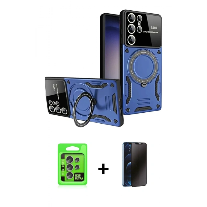 MARSİLYAN™- Galaxy S25 Ultra Kılıf Kıvılcım Modern Serisi - Siyah 3D Antistatik Hayalet Cam Ekran Koruyucu + Raze Metal Kamera Lens - NLGY