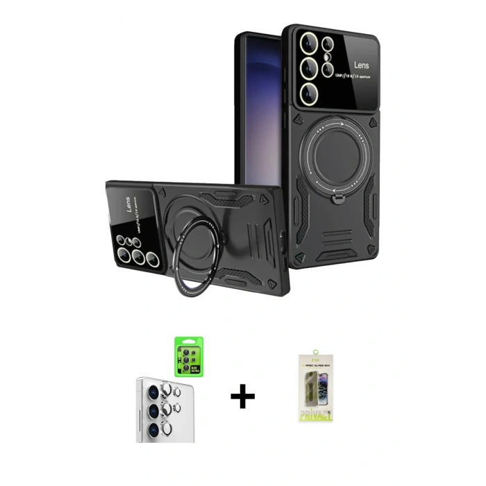 MARSİLYAN™- Galaxy S25 Ultra Kılıf Kıvılcım Modern Serisi - Siyah Joko Magic 5D Hayalet Cam + Raze Metal Kamera Lens - GS