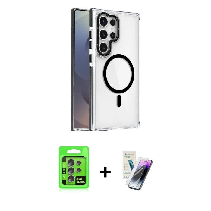 MARSİLYAN™- Galaxy S25 Ultra Kılıf Kozmos Doku Koleksiyonu - Şeffaf Pasifik Cam Ekran Koruyucu + Raze Metal Kamera Lens - NLGY