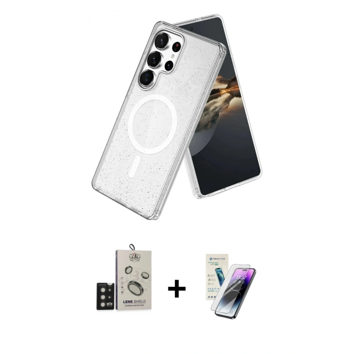 MARSİLYAN™- Galaxy S25 Ultra Kılıf Nova Asil Prime - Şeffaf Pasifik Cam Ekran Koruyucu + Bilvis Titan Kamera Lens - SH