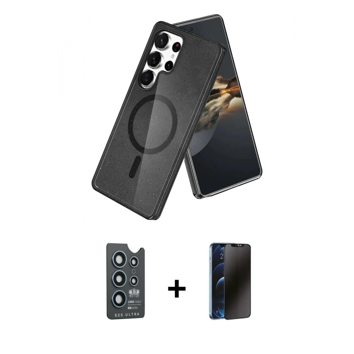MARSİLYAN™- Galaxy S25 Ultra Kılıf Nova Asil Prime - Siyah 3D Antistatik Hayalet Cam Ekran Koruyucu + Bilvis Titan Kamera Lens - LT