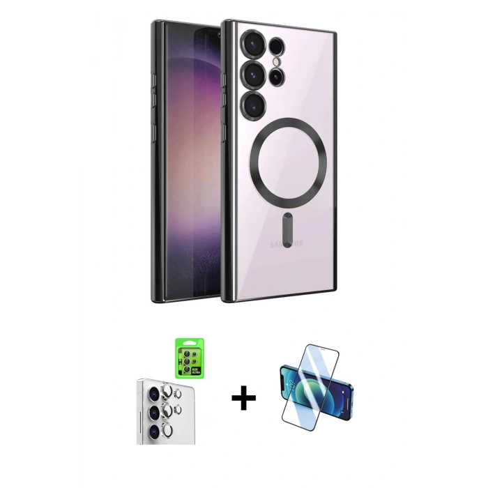 MARSİLYAN™- Galaxy S25 Ultra Kılıf Nova Işık Özel Seri - Siyah 3D Antistatik Cam Ekran Koruyucu + Raze Metal Kamera Lens - GS