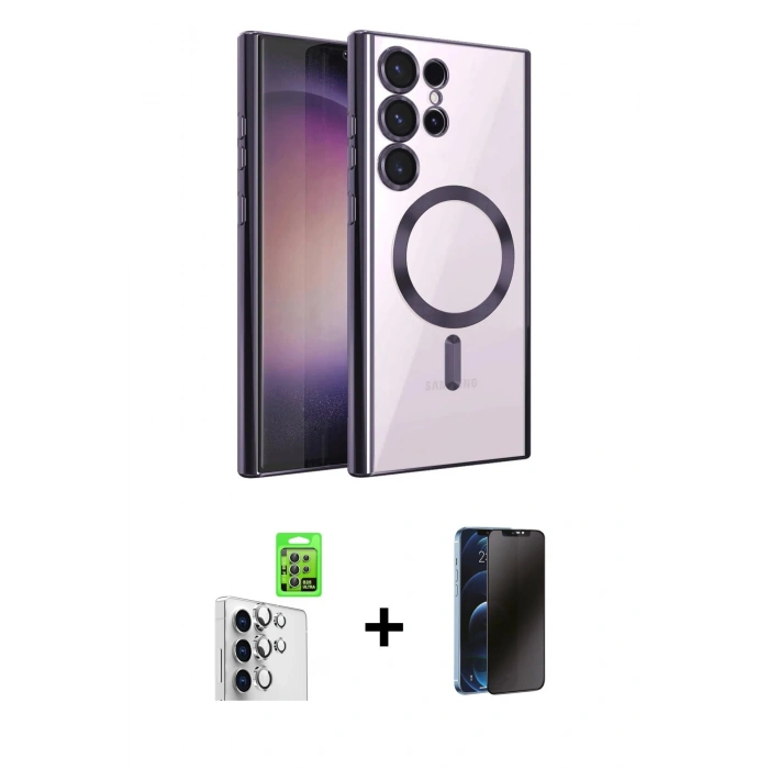 MARSİLYAN™- Galaxy S25 Ultra Kılıf Nova Işık Özel Seri - Siyah 3D Antistatik Hayalet Cam Ekran Koruyucu + Raze Metal Kamera Lens - GS