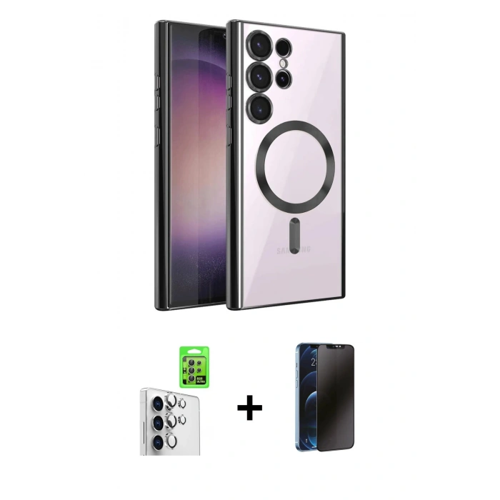 MARSİLYAN™- Galaxy S25 Ultra Kılıf Nova Işık Özel Seri - Siyah 3D Antistatik Hayalet Cam Ekran Koruyucu + Raze Metal Kamera Lens - GS