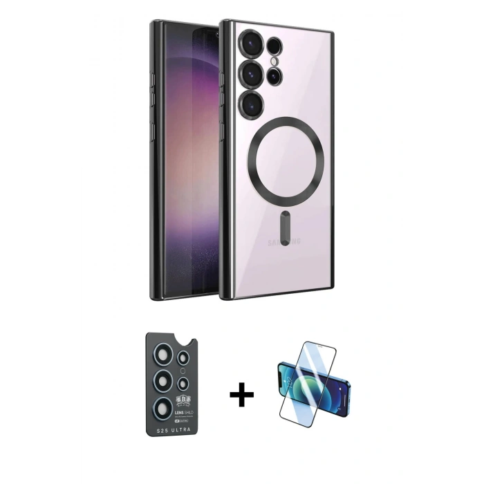 MARSİLYAN™- Galaxy S25 Ultra Kılıf Nova Işık Özel Seri - Siyah 3D Antistatik Seramik Nano Ekran Koruyucu + Bilvis Titan Kamera Lens - LT