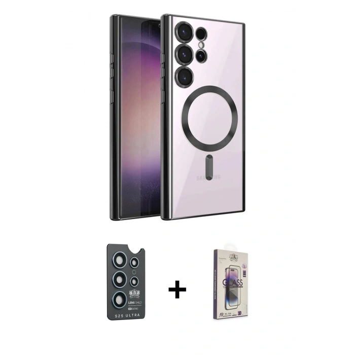MARSİLYAN™- Galaxy S25 Ultra Kılıf Nova Işık Özel Seri - Siyah Bilvis 3D Cam Ekran Koruyucu + Bilvis Titan Kamera Lens - LT