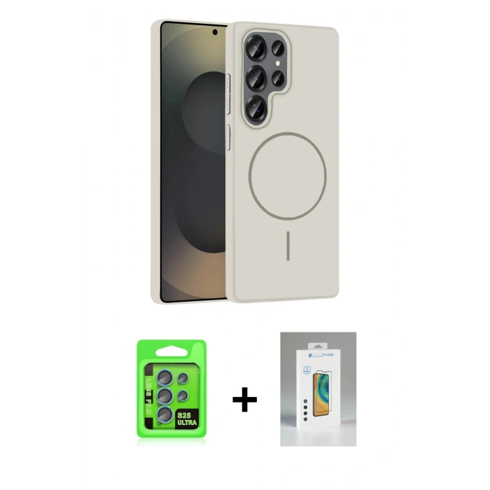 MARSİLYAN™- Galaxy S25 Ultra Kılıf Siluet Doku Özel Seri - Şeffaf Polymer Nano Ekran Koruyucu + Mavi Raze Metal Kamera Lens