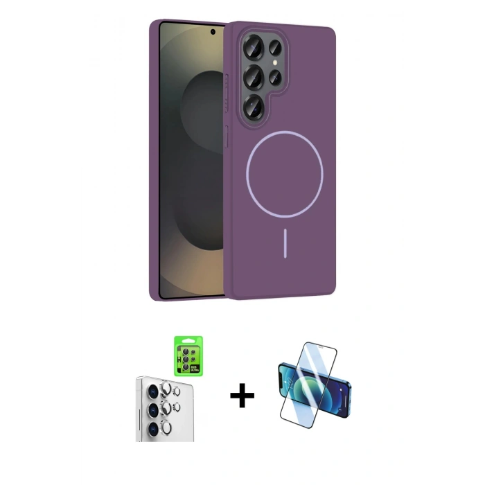 MARSİLYAN™- Galaxy S25 Ultra Kılıf Siluet Doku Özel Seri - Siyah 3D Antistatik Cam Ekran Koruyucu + Raze Metal Kamera Lens - GS
